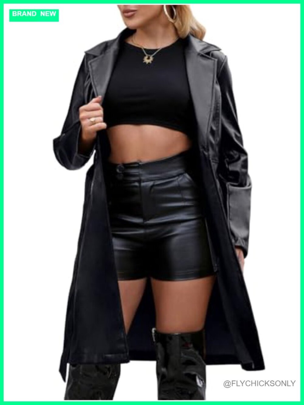 Faux Leather Trench Coat Long Loose Belted Motorcycle Jacket